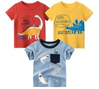 NautySaurs Lot de 3 t-shirts d'été à manches courtes pour garçons de 1 à 6 ans, Ensemble dinosaure 01, 6 ans