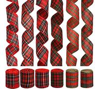 NAUZE Lot de 6 rouleaux de ruban tartan de Noël à bord métallique rouge et vert pour décorations de sapin de Noël, couronnes de nœuds