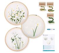 Navaris 3X Kit de Broderie - 3X Set de Points de Croix pour débutants avec Anneau de Broderie Tissu à Broder - 3 modèles Floraux différents
