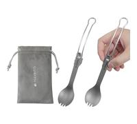Navaris Fourchette Pliable - Lot 2x Couvert pour Popote Camping et Bivouac - Cuillère Fourchette Longue 2 en 1 en Titane - Couvert de Voyage Léger et Compact 21,5 x 3,5 x 1,5 cm avec Pochette