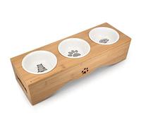 Navaris Gamelle à 3 Bols - Triple Gamelle Surélevée avec 3 Bols en Céramique 130mL et Support en Bambou pour Chat et Petit Chien