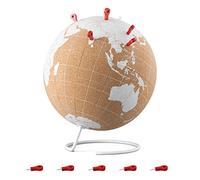 Navaris Globe terrestre liège - Globe carte du monde à épingler 20 x 25 cm avec 10x punaise en bois rouge - Mappemonde ronde voyage déco bureau