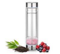 Navaris Gourde à Pierres Précieuses - Bouteille d'Eau en Verre Borosilicate 450ml avec Cristaux de Quartz Rose Filtre à Thé et Housse Néoprène