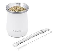 Navaris Kit pour préparation maté - Lot pour maté traditionnel argentin en inox tasse de 300 ml blanc paille brosse nettoyage - 8,2 x 10 cm