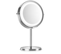 Navaris Miroir de maquillage lumineux LED - Miroir de courtoisie double face avec grossissement normal et 5x - 2 en 1 - Miroir de maquillage pivotant à 360° - Argent