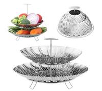 Navaris Panier Vapeur Pliable - Marguerite en Acier Inoxydable 26,5 cm de Diamètre - Panier Vapeur à 2 Étages pour Cuisson des Légumes Transportable pour Plier et Déplier