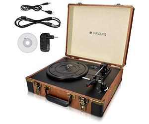 Navaris Platine Vinyle Tourne-Disque - 33/45/78 Tours - 2X Haut-Parleur intégré - Conversion Vinyle vers MP3 - Valise rétro Marron Noire