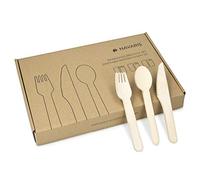 Navaris Set Couverts en Bois - Lot 100x Fourchette 50x Couteau 50x Cuillère en Bois de Bouleau - 100% Naturel Biodégradable et Écologique