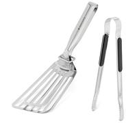 Navaris Spatule Pince Cuisine INOX - Spatule Tourne-Poisson et Pince de Cuisine INOX pour Barbecue Viande légume plancha Salade grillade pâte BBQ