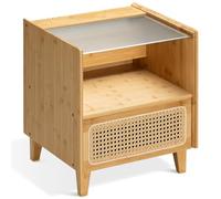 Navaris Table de Chevet rotin Plastique - Chevet de lit pour Chambre en Bambou 40 x 42,5 x 49,5 cm avec cannage en rotin Plastique et Plaque de Verre