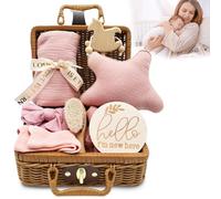 NAVESO Coffret Naissance Fille,8 En 1 Coffrets Cadeaux avec Couverture pour Bébé, écharpe Triangle, Bandeau, Chaussettes, Jouet Hochet Cheval, Cartes De Naissance, Brosse pour Bébé,Panier Cadeau