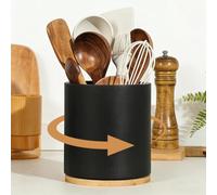 NAVESO Pot Ustensiles Cuisine, Support Ustensiles Cuisine en Bois Rotatif à 360°, Porte Ustensile Cuisines étanche pour Fourchette, Cuillère, Fouet Noir