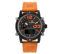 Naviforce - Cyclone - Dual Time (NF9095) Montre analogique numérique antiallergique pour Homme (Bande: Marron Clair avec Coutures Orange/Index: Orange)
