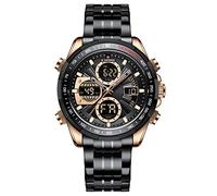 NAVIFORCE Montre à quartz analogique numérique pour homme en acier inoxydable étanche Montre tendance d'affaires chronographe militaire multifonctionnelle, Doré/noir, Bracelet