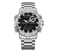 NAVIFORCE Montre analogique à quartz numérique pour homme de luxe entièrement en acier inoxydable étanche Montre tendance d'affaires chronographe militaire multifonctionnelle, Argenté/noir