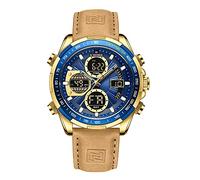 NAVIFORCE Montre numérique militaire pour homme - Montre à quartz analogique étanche - Multifonctionnelle - Bracelet en cuir, Or + bleu, Tendance