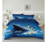 Navigation Le Naufrage Du Titanic Housse de Couette - Parure de Lit 3 Pièces 100% Microfibre - Housse de Couette Imprimée 3D avec Fermeture Éclair - Linge de Lit Doux & Respirant, Bleu, 90 x 190 cm