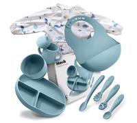 Navik | coffret repas bebe 12 pièces | assiette ventouse pour bébé | tasse apprentissage | bol et cuillere en silicone | Bavoir à manches longues | bleu arctique