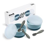 Navik | Set bol ventouse pour bébé avec couvercle en silicone et cuillere bebe apprentissage | bol bebe et cuillère bébé | set repas | bleu et vert