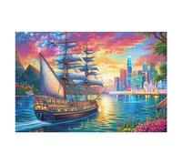 Navire à voiles sur la mer Bleue 1000 Pièces Puzzle pour Ado en Carton Anti-Déchirure Vessel Ocean City Facile Débutant Jeu De Société Soirée Entre Amis Cadeau Anniversaire Petit Prix 1000 PCS