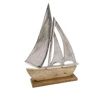 Navire en aluminium avec pied en bois de manguier - Grand 40 cm - Support bateau à voile en métal et bois - Décoration côtière maritime - Sculpture de table - Bateau
