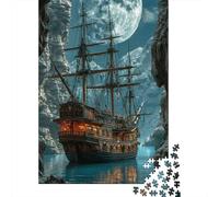 Navire Pirate éclairé par la Lune 1000 Pièces Carton Épais Jeu De Puzzle Senior Jigsaw Enthusiastes Décompression Concentration Décoration Murale 52x38cm/1000pcs