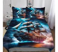 Navire Pirate Parure De Lit Housse De Couette Impressio 3D Microfibre Ultra Doux Hypoallergénique avec Taie d'oreiller 2 Pièces Garçons Filles Enfants Single (135x200cm)