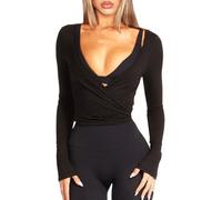 Navneet Y2K Y2K T-shirt à manches longues pour femme, idéal pour le sport, le yoga, le pilates, le ballet et l'automne, Noir enveloppant, S