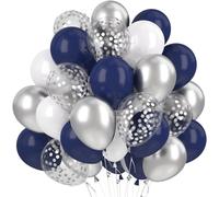 Navy Blue Balloons, 60 X Blue Birthday Balloons, Silver Confetti Balloons, Blue White Balloons For Weddings, Boys, Births, Christenings, Communions, Baby Showers