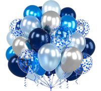 Navy Blue Silver Balloons, 60 Pieces 12 Inch Dark Blue Pearlescent Light Blue Metallic Silver Balloons With Confetti Latex Balloon For Boy Party Birthday Wedding Baby Shower Carnival Decoration