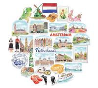 Navy Peony Autocollants de Voyage Artistiques Pays-Bas (29 pièces) - Aquarelle, Hollande, Décalcomanies Thématiques Néerlandaises pour Journaux, Albums, Bouteilles d’Eau