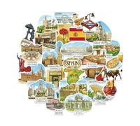 Navy Peony Autocollants de Voyage Centre-Sud de l'Espagne (28 pièces) - Style Gouache, Décalcomanies de Vacances sur le Thème de Madrid, Séville pour Scrapbooks, Journaux, Tumbler