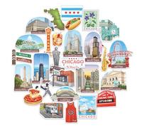 Navy Peony Autocollants de Voyage Chicago Venteux (28 pièces) - Style Gouache, Imperméables, Décalcomanies Américaines pour Albums, Journaux, Ordinateurs Portables