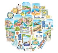 Navy Peony Autocollants de Voyage Côte Italienne (29 pièces) - Aquarelle, Été sur la Côte Amalfitaine, Décorations Imperméables pour Carnets de Voyage, Bouteilles d'Eau