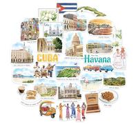 Navy Peony Autocollants de Voyage Cuba Rythmique (28 pcs) - Aquarelle, Caraïbes, La Havane, Stickers Thématiques pour Carnets, Albums, Ordinateurs