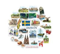 Navy Peony Autocollants de Voyage Élégants Suède (28 pièces) - Aquarelle, Scandinavie, Décalcomanies à Thème Suédois pour Journaux, Albums, Bagages, Gobelets