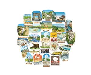 Navy Peony Autocollants du parc national de Yellowstone (28 pièces) - Illustrations faites à la main, stickers nature et Amérique pour carnets, scrapbooks et gourdes