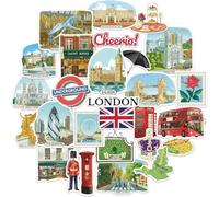 Navy Peony Bustling London Travel Stickers (28pcs) - Gouache Style, English-Themed Vacation Decals for Journals, Scrapbooks, Luggage, Water Bottle