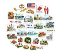 Navy Peony Stickers de voyage Cultural Malaysia (32 pièces) - Aquarelle, étanches, décalcomanies à thème malaisien pour journaux, albums de souvenirs, bagages