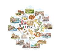 Navy Peony stickers de voyage Italie - Illustrés à la main, aquarelle, finition mate, découpés à la forme - Pour scrapbooking, carnet (28 pièces)