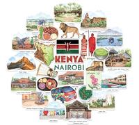 Navy Peony stickers de voyage Kenya - Illustrés à la main, aquarelle, finition mate, découpés à la forme - Pour scrapbooking, carnet (28 pièces)