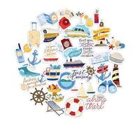 Navy Peony Stickers de voyage Relaxing Cruise (30 pièces) - Aquarelle, étanches, décalcomanies de navire de croisière pour journaux, albums de souvenirs, bouteille d'eau, valise