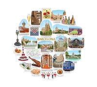 Navy Peony stickers grand format Barcelone - Illustrés à la main, gouache, finition brillante, imperméables - Pour valise, ordinateur portable, gourde (28 pièces)