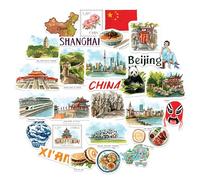 Navy Peony stickers grand format Chine - Illustrés à la main, aquarelle, finition brillante, imperméables - Pour valises, ordinateurs portables, gourdes (28 pièces)