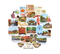 Navy Peony stickers grand format Kyoto - Illustrés à la main, gouache, finition brillante, imperméables - Pour valise, ordinateur portable, gourde (28 pièces)