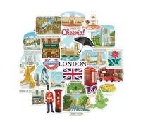 Navy Peony stickers grand format Londres - Illustrés à la main, gouache, finition brillante, imperméables - Pour valise, ordinateur portable, gourde (28 pièces)