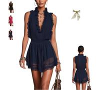 Navy Ruffle Trim Pleated Chiffon Lace Jumpsuit,Women V Neck Sleeveless Pleated Chiffon Short Romper Casual Vacation Outfit，Navy Blue：S