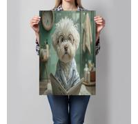 NAWVNMI Animaux Anthropomorphisme Impression sur Toile 60x80cm Bichon Frisé Lecture D'Un Journal Tableau Decoration Murale Chambre Cuisine Vertical Art Wall Decor Design Tableaux Decoratifs Muraux