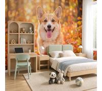 NAWVNMI Papier Peint 3D Soie Portrait D'Animal De Compagnie Gros Plan, Corgi Feuille D'ÉrableMurales Panoramique 200 x 140cm, Fond d'Écran, Revêtement Mural Décoration Salon Chambre Orange