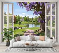 NAWVNMI Papier Peint 3D Soie Style Français Campagnard, Par La Fenêtre Gysithèque AncienneMurales Panoramique 450 x 315cm, Fond d'Écran, Revêtement Mural Décoration Salon Chambre Violet Vert